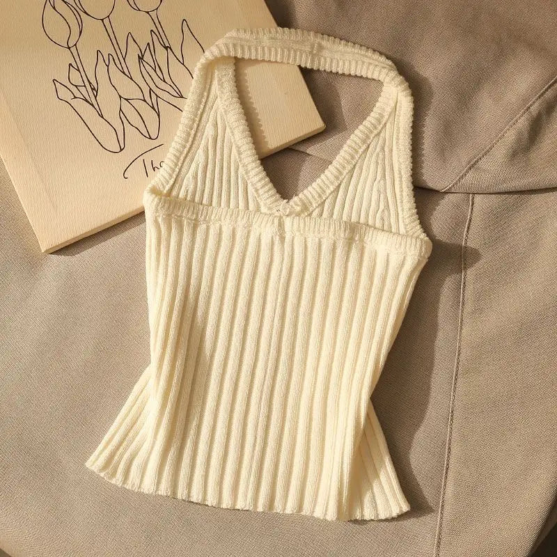 Summer Trend Sexy Letter Solid Color Halter Camisole Women Clothes Simplicity Fashionable Bodycon Knitting Backless T-Shirts
