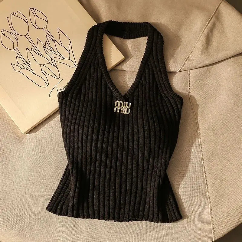 Summer Trend Sexy Letter Solid Color Halter Camisole Women Clothes Simplicity Fashionable Bodycon Knitting Backless T-Shirts