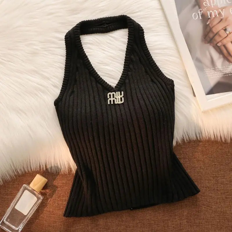 Summer Trend Sexy Letter Solid Color Halter Camisole Women Clothes Simplicity Fashionable Bodycon Knitting Backless T-Shirts