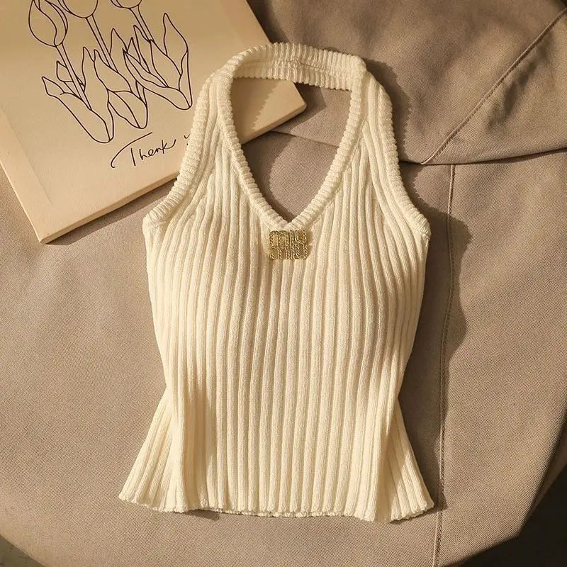 Summer Trend Sexy Letter Solid Color Halter Camisole Women Clothes Simplicity Fashionable Bodycon Knitting Backless T-Shirts